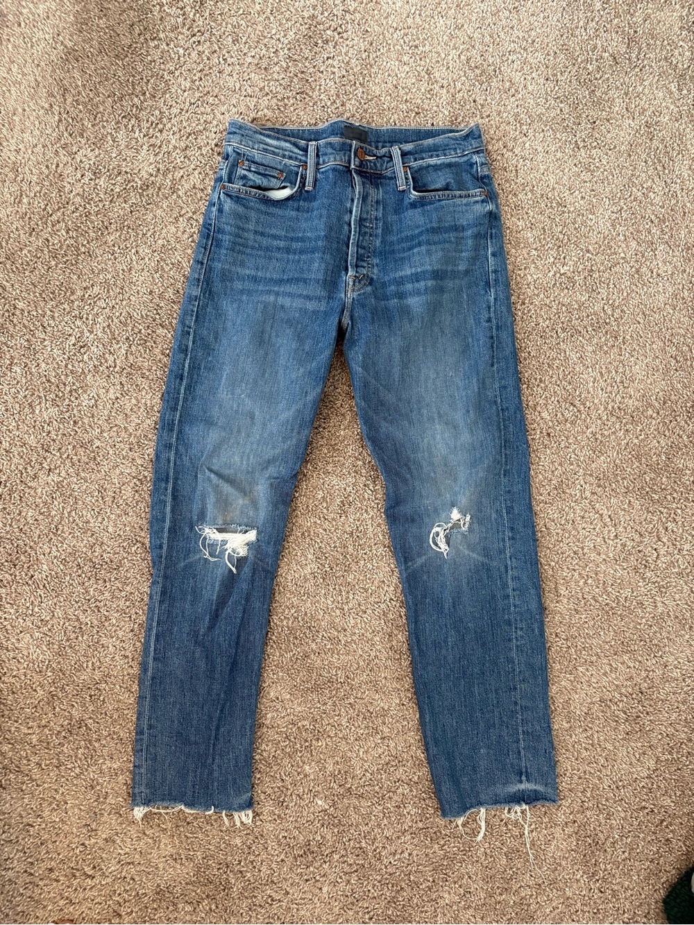 MOTHER Straight Jeans in Medium Blue with Knee Distress